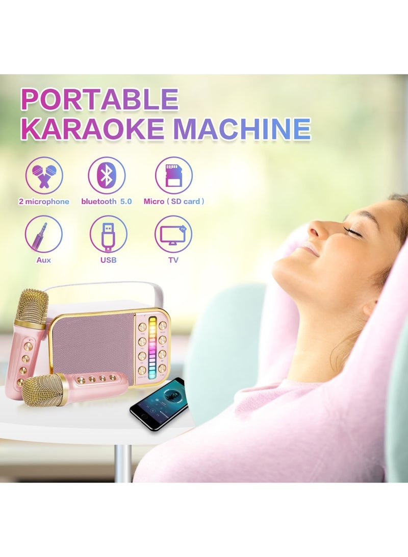 Mini Karaoke Machine with 2 Wireless Microphone Set, Mini Karaoke Machine for Kids  Adults, Portable Handheld Microphone and Speaker Set, Retro Speaker System with Disco Light, Home Party KTV (Pink) - Image 3
